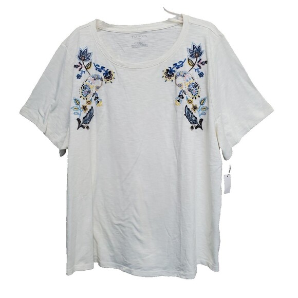 Talbots Plus Off-White Slub Knit Embroidered Paisley Short Sleeve T-Shirt 3X NWT - Picture 1 of 6
